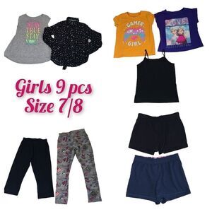 Girls Size 7/8 summer 9 pcs clothes bundle Shirts Tank Top Shorts Leggings Capri